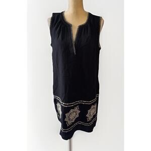 Calypso St. Barth Rowena Floral Embroidery Black Linen Tunic Size M